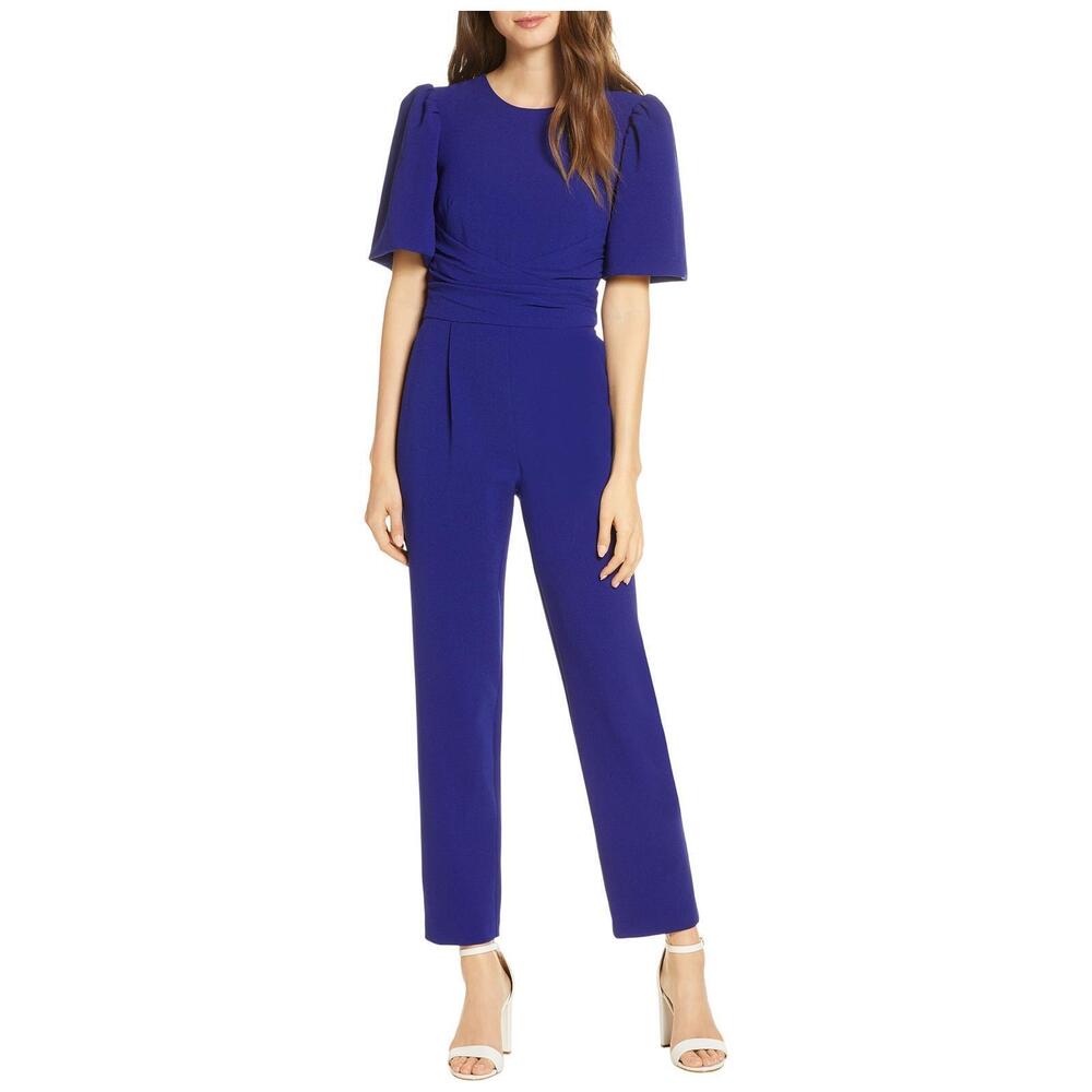 NWT Eliza J Jumpsuit Size 6 Blue Crepe Puff Sleeve Tie Back Cocktail Party